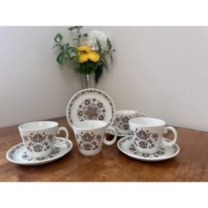 Vintage Wood & Sons Burslem England Cup Saucer Set‎ Brown Floral Ironstone MCM